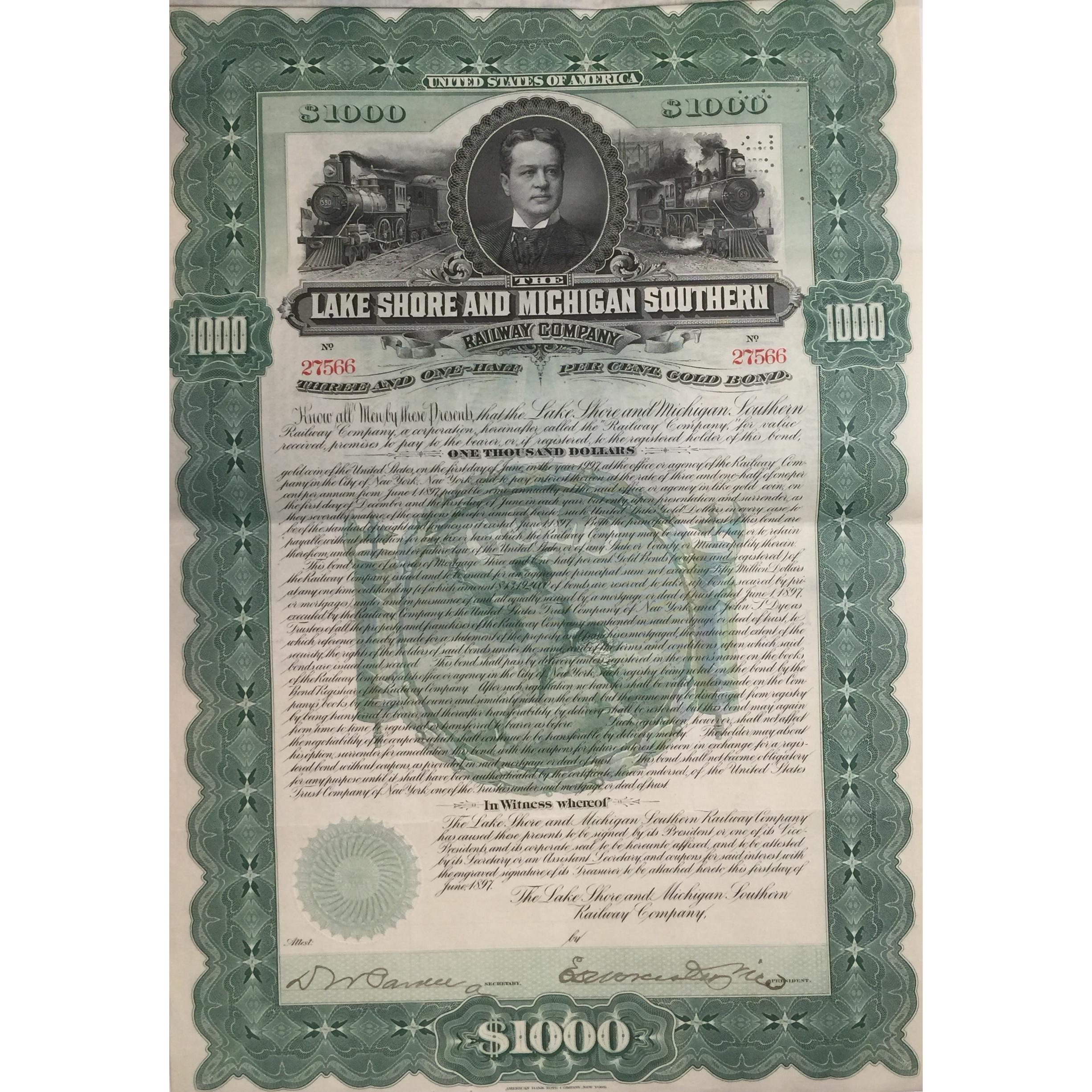 Details about  / Lake Shore /& Michigan Southern Railway Bond Stock Certificate Railroad 1897